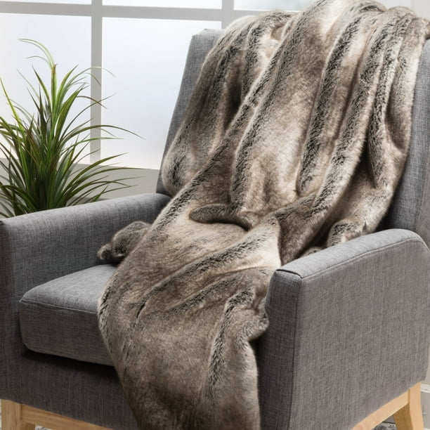 GDF Studio Tuscan Faux Fur Throw Blanket Gray Taupe 